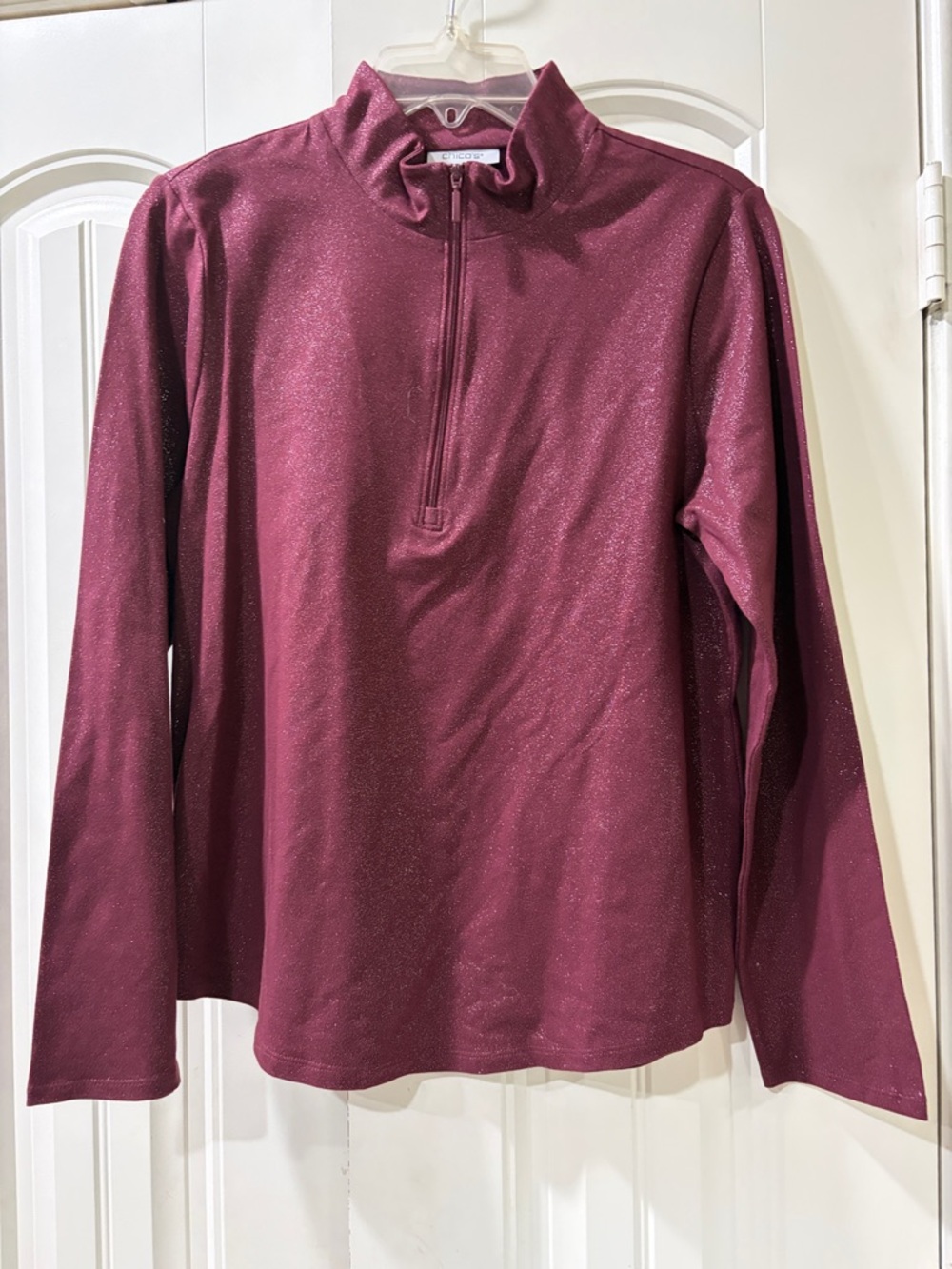 Chico's Shimmery Wine Long Sleeve Zip-Neck Top